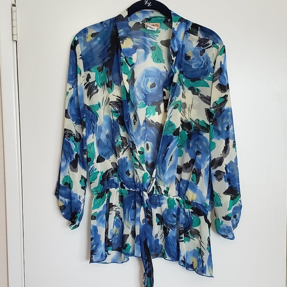 Janette Plus Tops - 3X sheer blouse, tie front, no closure! Blue
